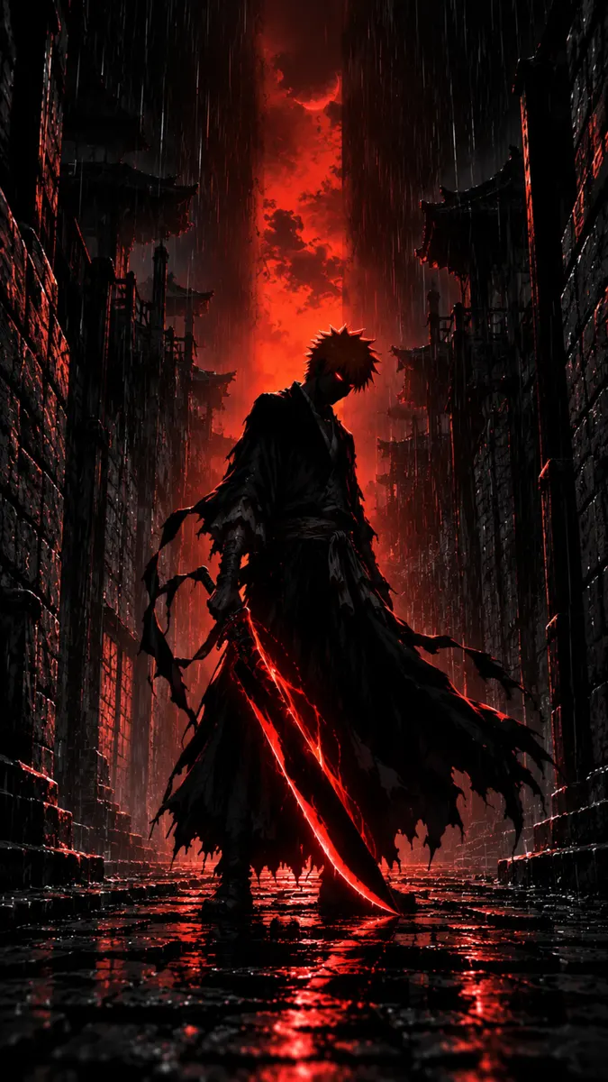 Итиго Куросаки из Bleach держит светящийся красный меч в темном дождливом переулке с красным освещением