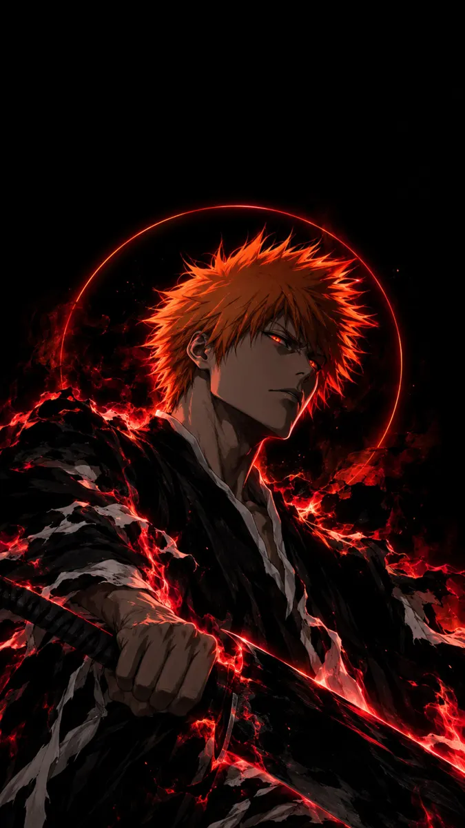 Ichigo Kurosaki aus Bleach hält ein Schwert mit einer leuchtend roten Aura vor dunklem Hintergrund