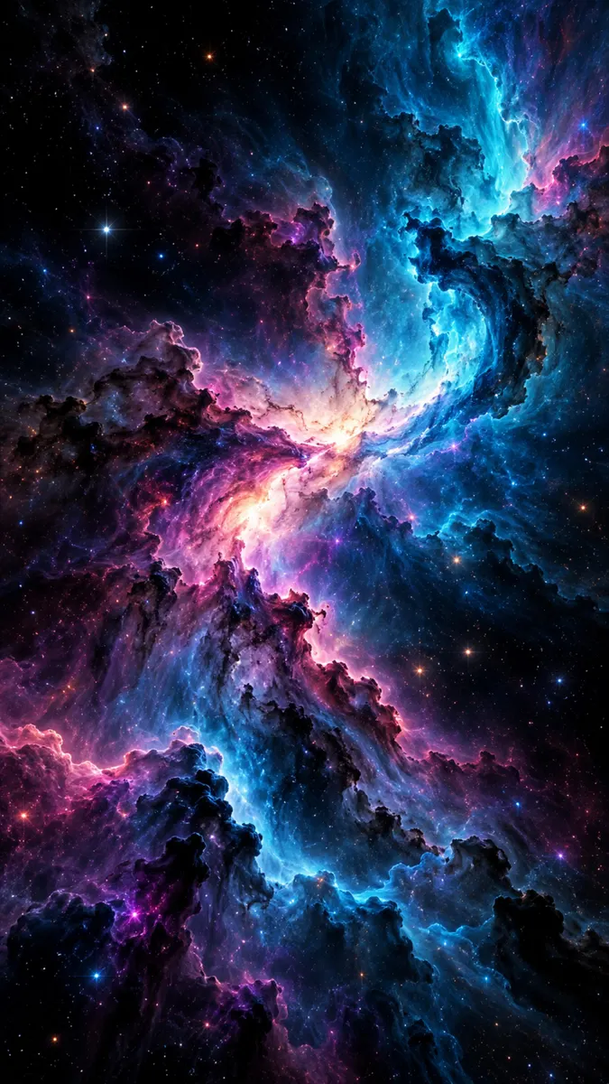 Nuages de nébuleuse bleu et violet tourbillonnants dans l'espace profond avec une lumière vive au centre et de nombreuses petites étoiles