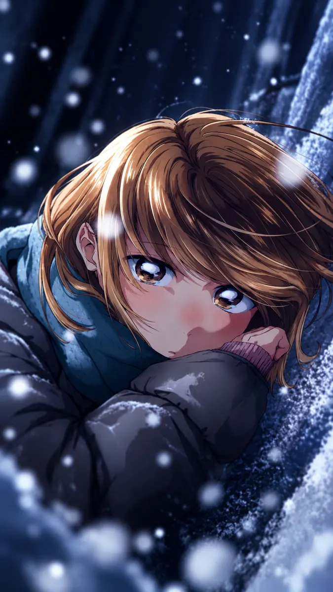 Chica anime de cabello castaño descansando en la nieve vistiendo una chaqueta de invierno oscura y una bufanda azul