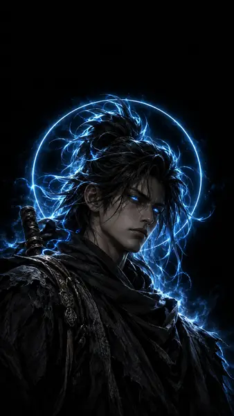 Prajurit samurai berambut gelap dengan mata biru bercahaya dan cincin energi listrik di belakang kepalanya dengan latar belakang hitam.