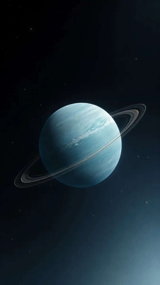 Une planète géante gazeuse bleue avec des anneaux fins flottant dans l'étendue sombre de l'espace lointain.