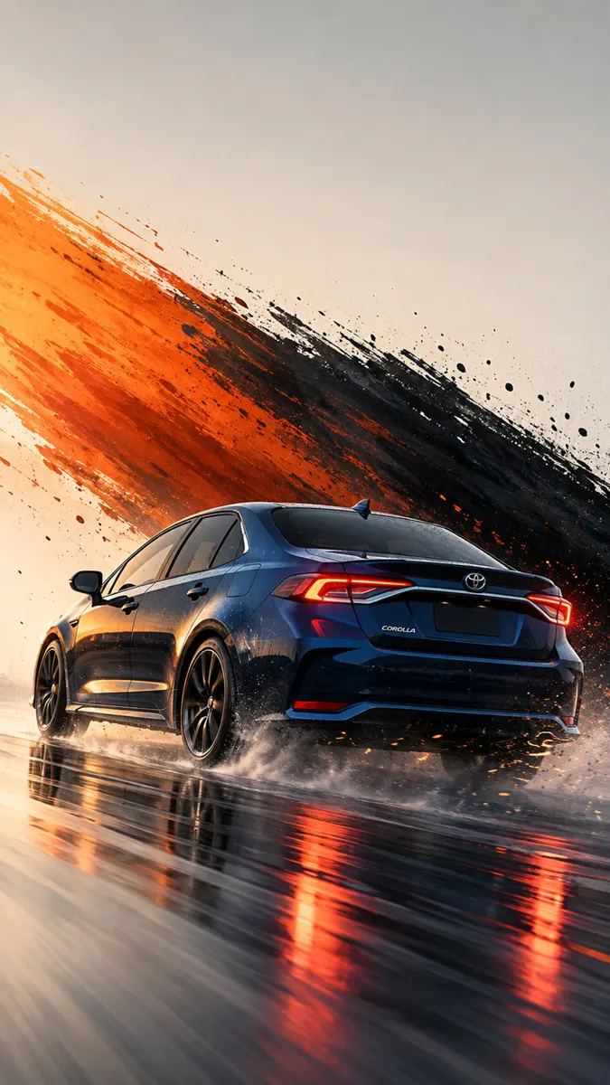 Un sedán Toyota Corolla azul derrapando sobre una superficie mojada con efectos de salpicaduras de pintura naranja y negra brillante de fondo.