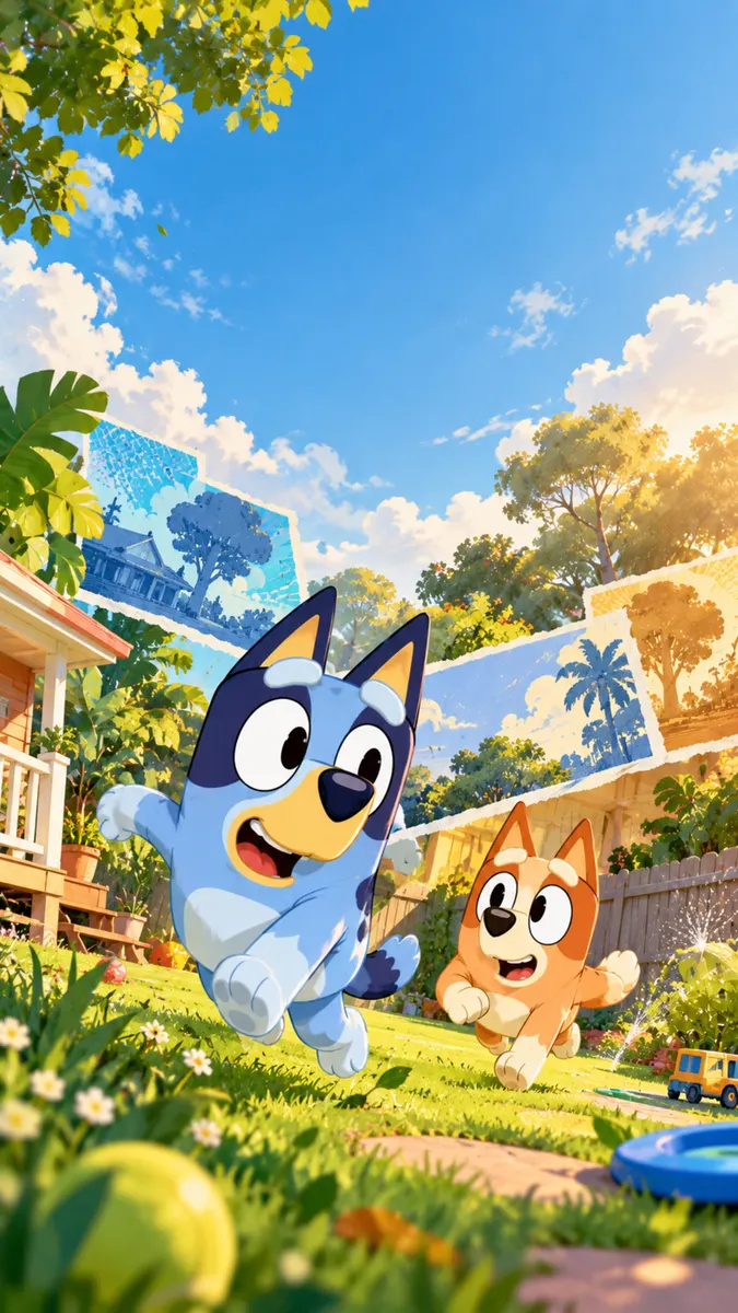 Bluey ve Bingo, arka planda dağınık fotoğraf anılarıyla parlak mavi bir gökyüzü altında çimenli bir bahçede koşuyor.