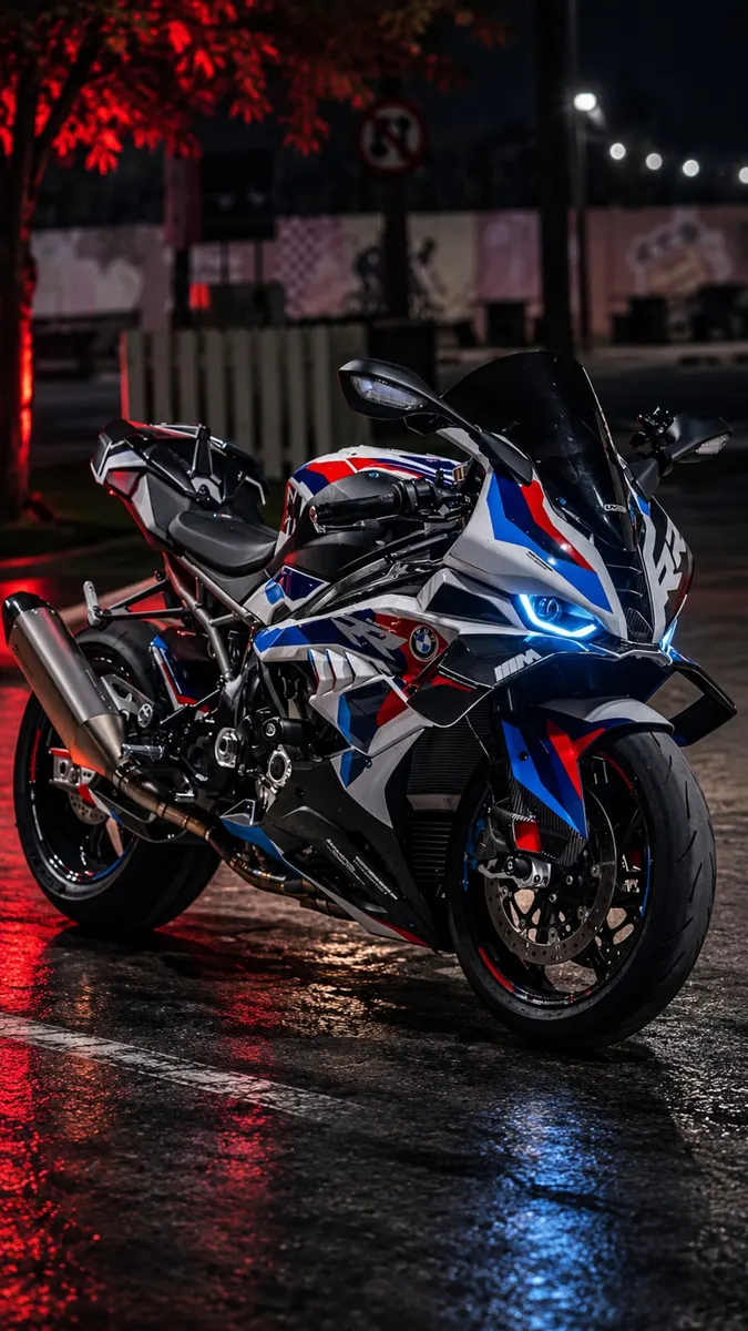 Moto deportiva BMW M 1000 RR con decoración de carreras roja, blanca y azul aparcada en una calle de asfalto mojado por la noche