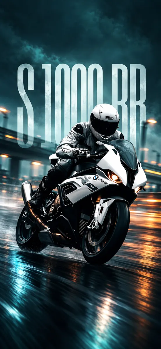 Un motociclista con casco y equipo blanco montando una BMW S1000RR blanca en una carretera oscura y lluviosa por la noche.