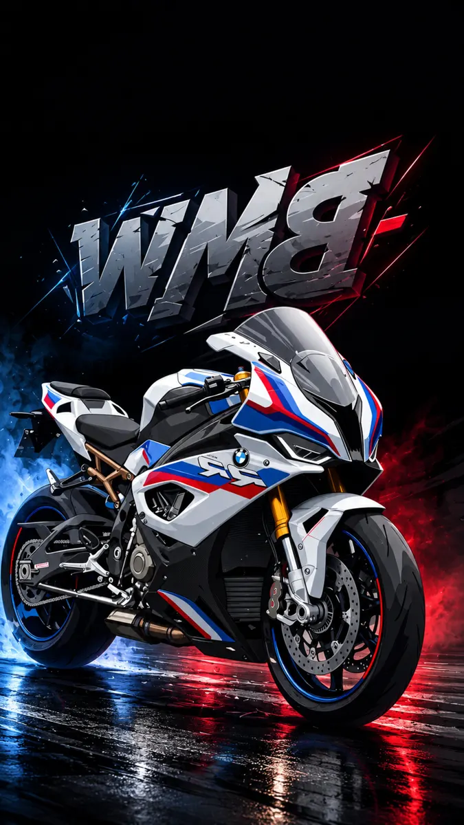 Motocicleta BMW S1000RR aparcada sobre una superficie mojada con efectos de luz de neón azul y roja y grandes letras metálicas encima.