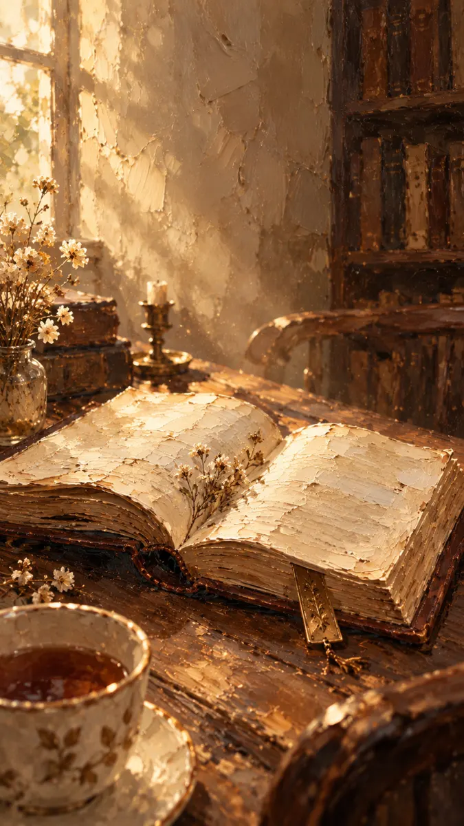 Un libro abierto con textura de pintura espesa yace sobre una mesa de madera junto a una taza de té y un pequeño jarrón con flores.