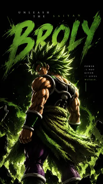 Broly steht mit dem Rücken zum Betrachter, trägt einen schwarzen Brustpanzer und einen Lendenschurz aus grünem Fell, umgeben von grüner Energie.