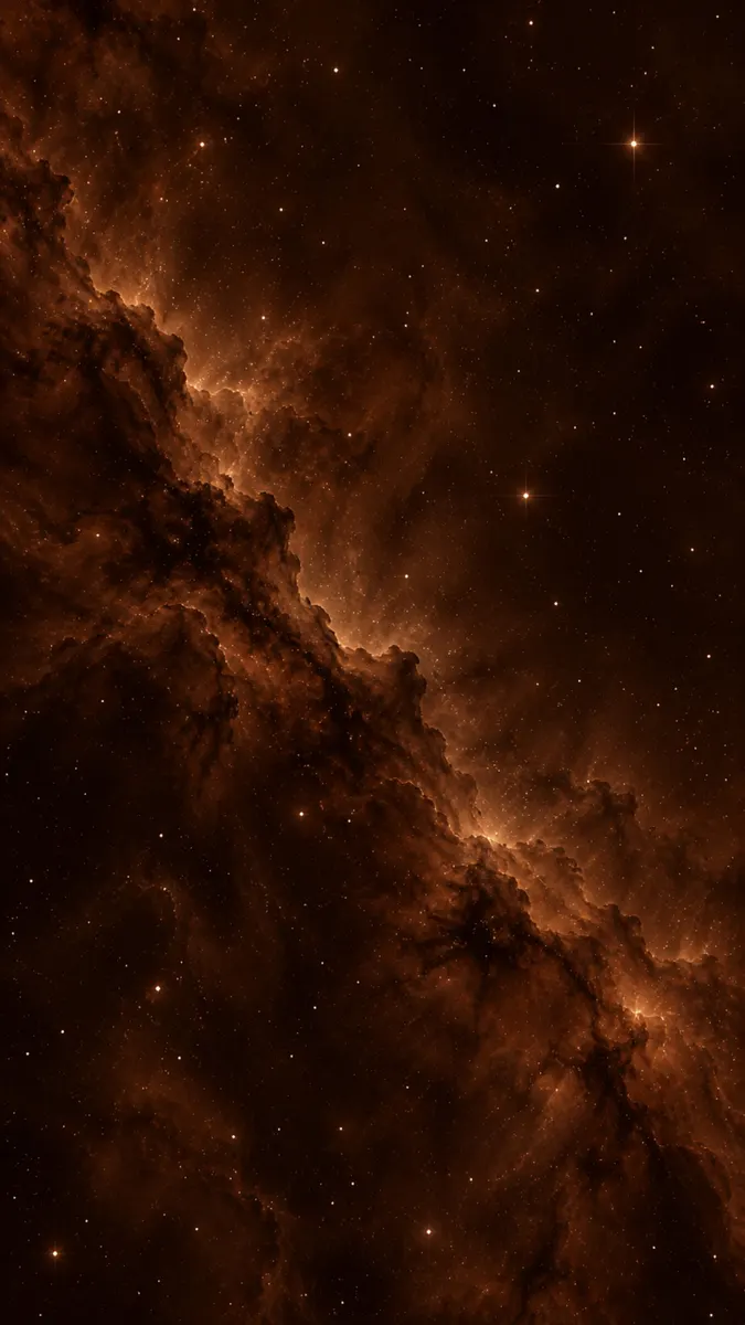 Une nébuleuse brun foncé avec des nuages brillants de gaz et de poussière parsemée d'étoiles brillantes sur un fond sombre.