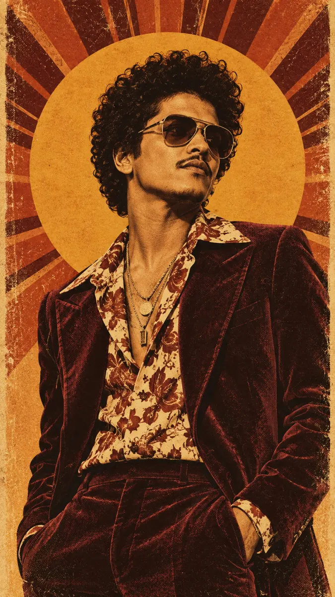 Bruno Mars, koyu kırmızı kadife bir takım elbise ve çiçekli bir gömlek ile pilot gözlüğü takmış, güneş ışınları arka planı önünde poz veriyor.