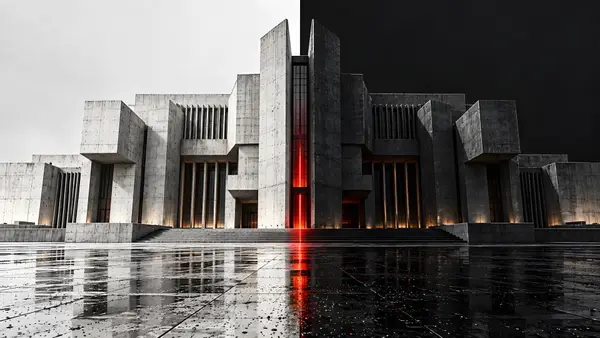 Brutalist Concrete Building Red Light Wallpaper