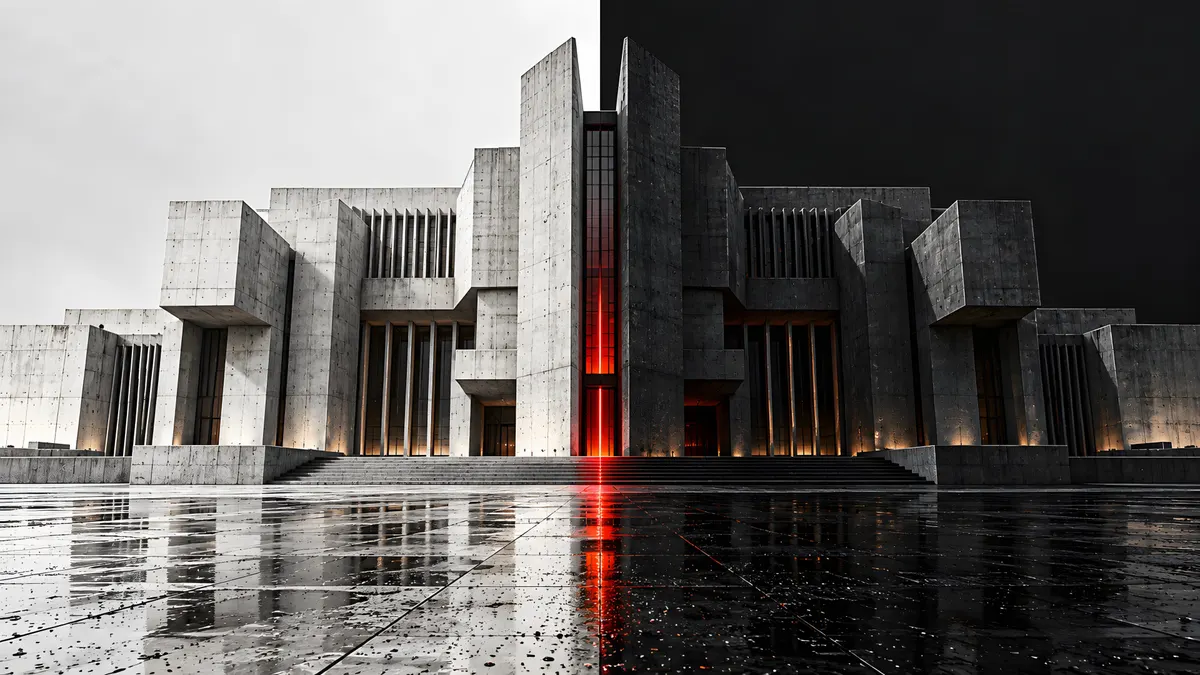 Girişte parlayan kırmızı dikey ışığı ıslak zemin yüzeyine yansıyan simetrik brütalist beton bina