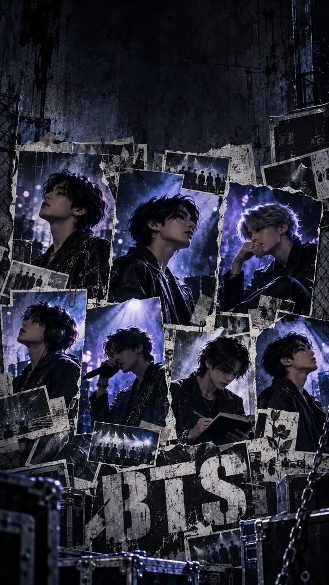 Kolase digital anggota BTS dalam pencahayaan biru tua dengan peralatan panggung dan foto konser yang disusun dalam gaya kertas berlapis.