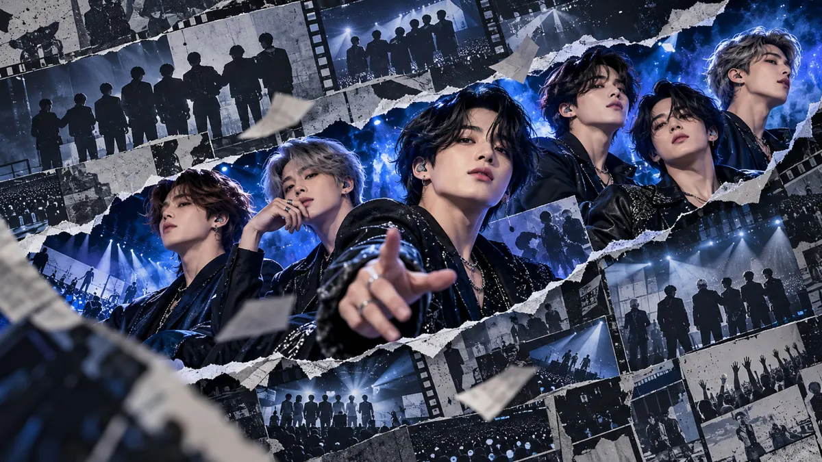 Anggota BTS berpose dalam kolase foto pertunjukan konser dan potret individu dengan pencahayaan panggung biru dan efek kertas robek.