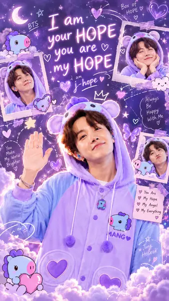 J-Hope de BTS vistiendo una sudadera morada de Mang, rodeado de garabatos de corazones, estrellas y texto escrito a mano sobre un fondo morado.