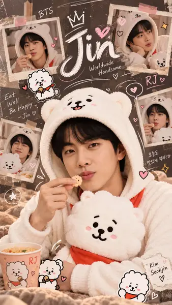 Jin de BTS vistiendo una sudadera con capucha de oso blanco sosteniendo una galleta con dibujos del personaje RJ y marcos de fotos sobre un fondo oscuro
