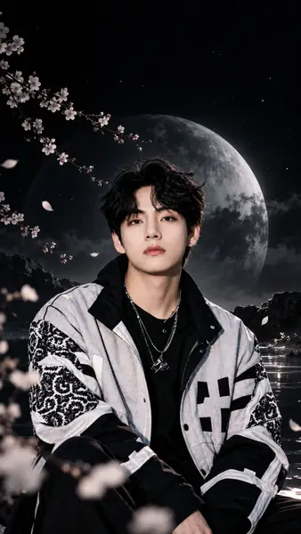 V von BTS trägt eine gemusterte Jacke mit einer silbernen Halskette vor einer dunklen Nachtszene mit einem Vollmond.