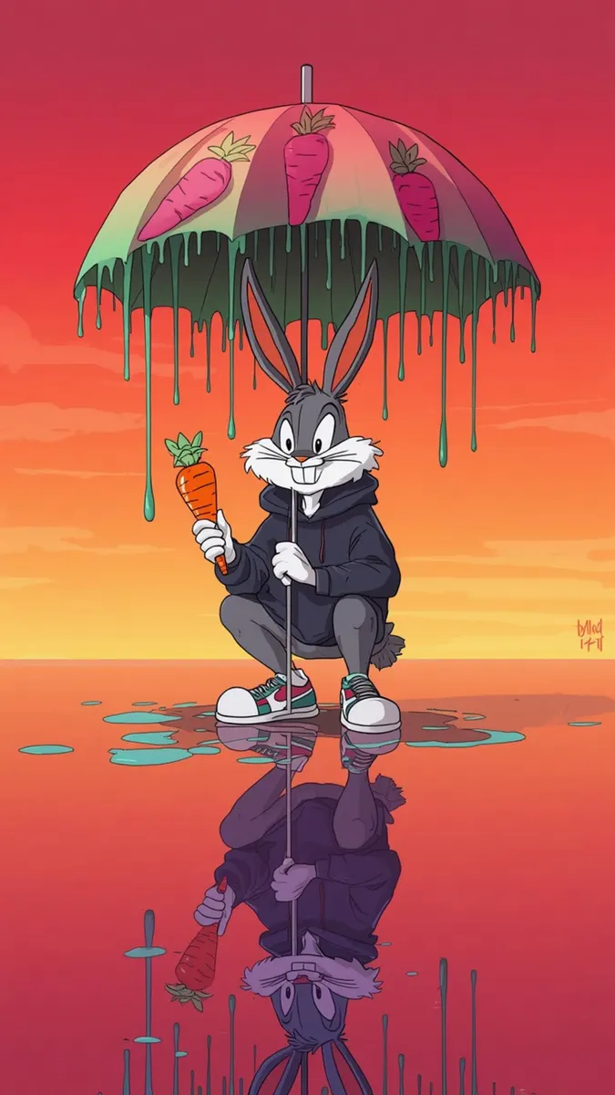 Bugs Bunny wearing a hoodie and sneakers, holding a carrot while crouching under a melting umbrella during a sunset.