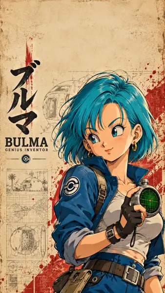 Bulma mit kurzen blauen Haaren hält ein Dragon Radar, trägt eine blaue Jacke und ein weißes Oberteil, mit technischen Skizzen im Hintergrund.