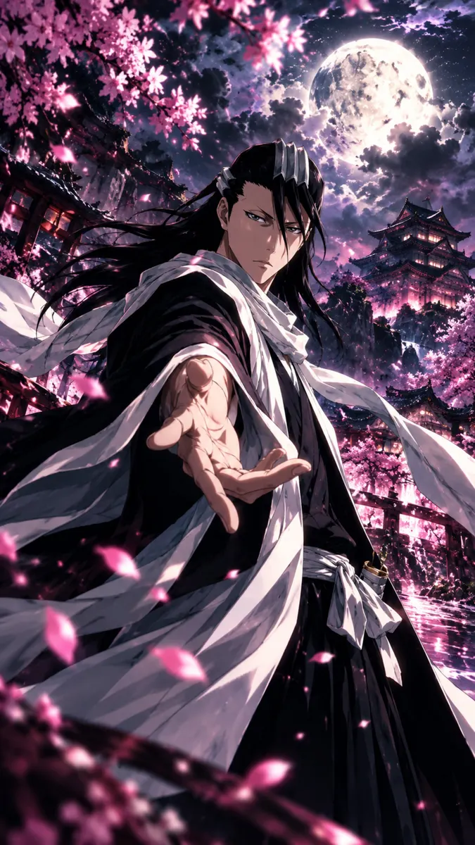 長い黒髪と白い髪飾りをつけた朽木白哉が、ピンクの桜と満月を背景に手を差し伸べている。