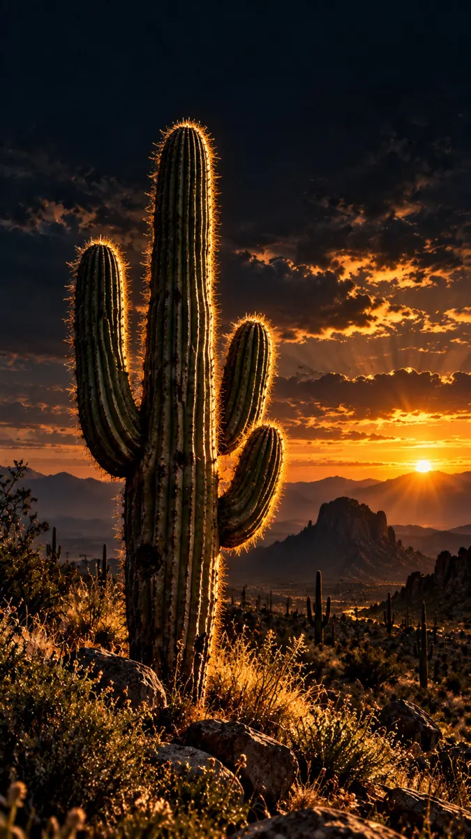 Un gran cactus saguaro en primer plano de un paisaje desértico con una brillante puesta de sol naranja detrás de montañas oscuras.