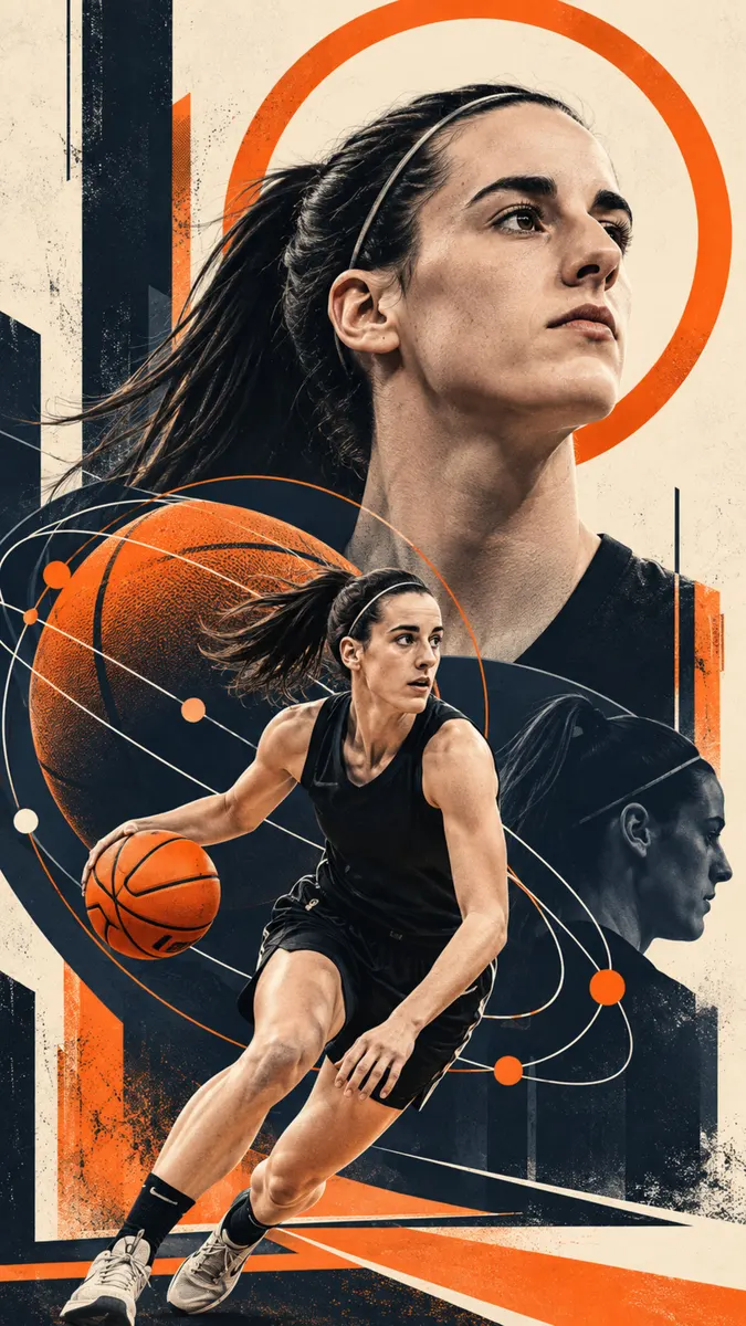 Arka planda yüzünün büyük bir portresi ve turuncu dairesel grafik öğeleriyle basketbol topu süren Caitlin Clark.