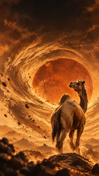 Camel Desert Storm Orange Sun Wallpaper