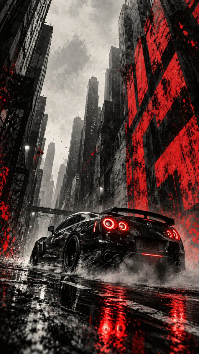سيارة رياضية نيسان GT-R سوداء تقود على طريق مدينة مبلل بين مبانٍ شاهقة مع بقع طلاء حمراء.