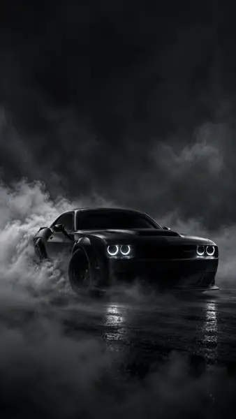 Mobil muscle Dodge Challenger hitam melakukan drift di jalan basah dikelilingi asap putih tebal dengan lampu depan melingkar yang bersinar.