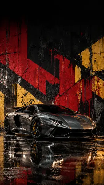 빨간색과 노란색으로 칠해진 벽을 배경으로 차를 반사하는 젖은 땅에 주차된 회색 Lamborghini Aventador.