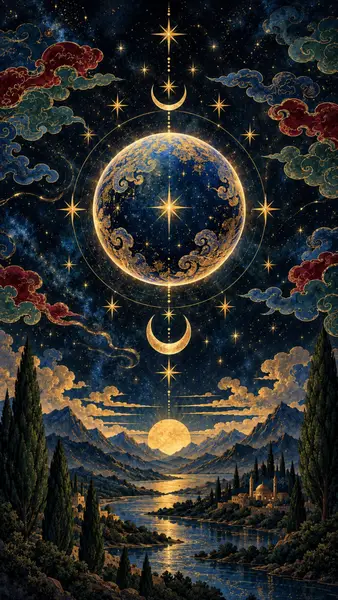 Bulan bersinar besar menggantung di atas lembah pegunungan dengan sungai dan bangunan kecil di bawah langit malam berbintang dengan pola surgawi.