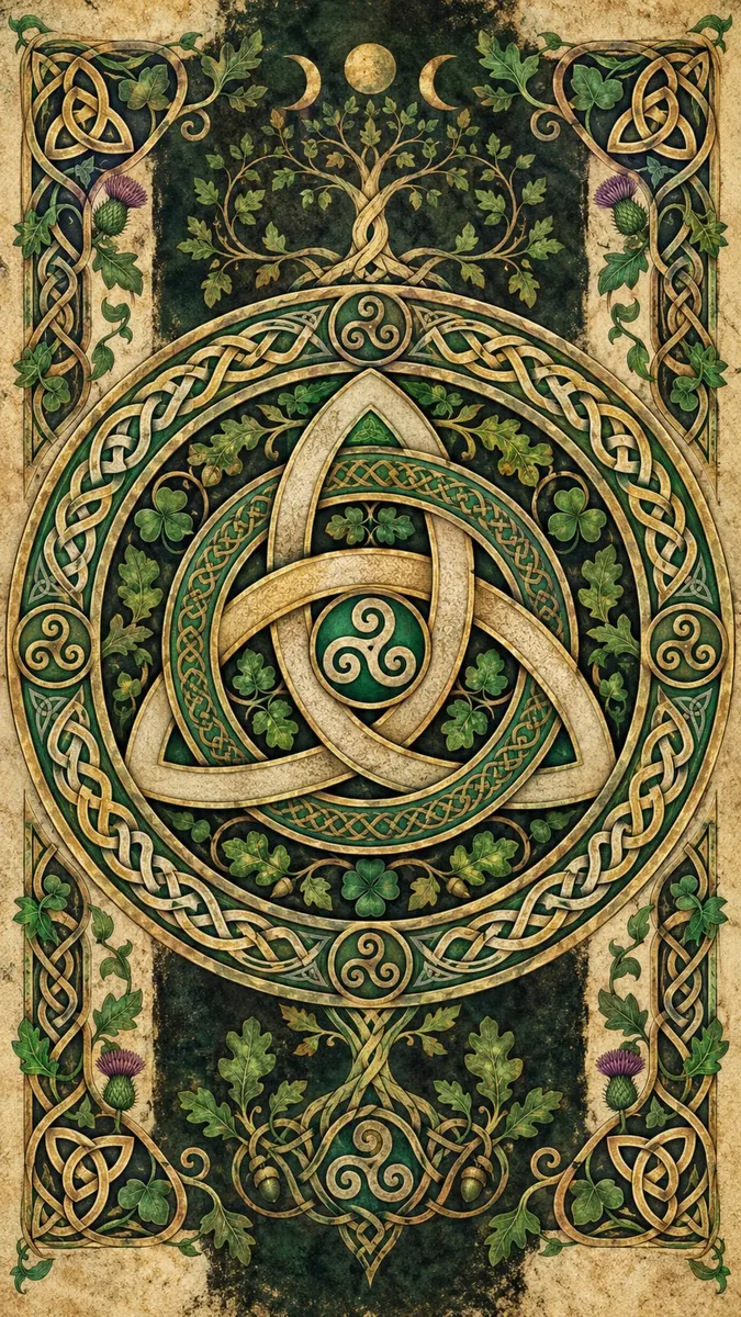 Kompliziertes keltisches Knotengeflecht mit einem zentralen Triquetra-Symbol, umgeben von Baumwurzeln, Zweigen und grünen Kleeblättern auf gealtertem Papier.