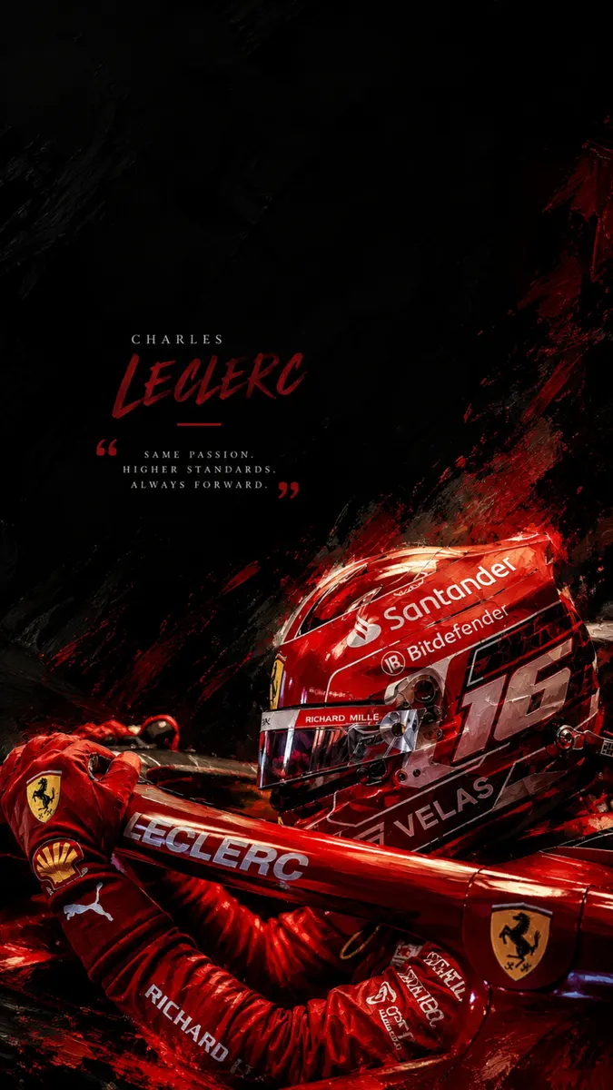 Charles Leclerc im roten Ferrari-Rennanzug und -Helm mit sichtbaren Sponsorenlogos vor dunklem Hintergrund
