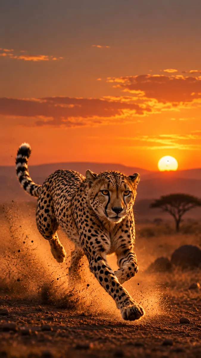 Um guepardo correndo pela savana com poeira levantando sob um céu de pôr do sol laranja brilhante