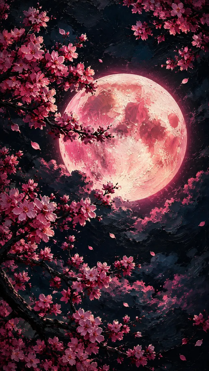 Una gran luna llena rosa brillando detrás de ramas oscuras de flores de cerezo con pétalos rosas cayendo contra un cielo nocturno oscuro.