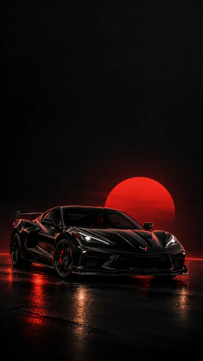 A black Chevrolet Corvette sports car parked on a dark, wet ground with a large red sun glowing behind it.