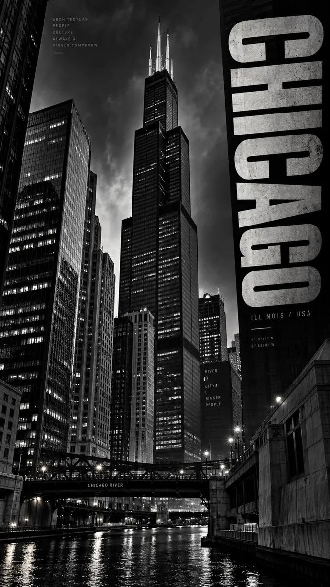 Chicago silüetinin gece siyah beyaz görünümü, Willis Tower merkezde ve sağda büyük metin var.