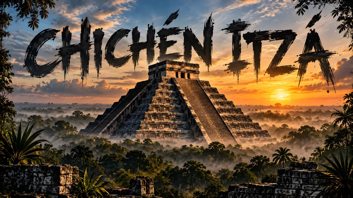 Altın rengi turuncu bir gün batımı gökyüzü altında yoğun orman ağaçlarıyla çevrili Chichen Itza piramidinin taş basamakları.