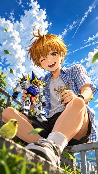 야외에서 로봇 액션 피규어와 Saitama 장난감을 들고 미소 짓는 금발의 Child Emperor.
