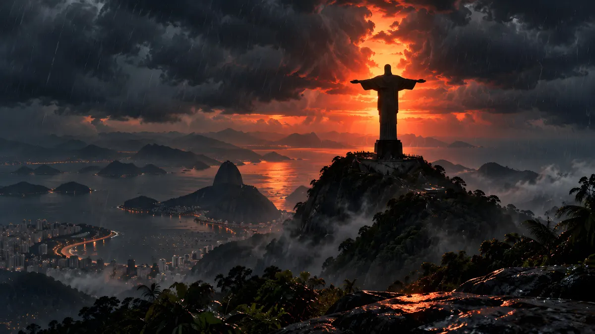 Rio de Janeiro üzerinde karanlık, fırtınalı bir gün batımı gökyüzüne karşı kollarını açmış şekilde Corcovado dağında duran Kurtarıcı İsa heykeli.