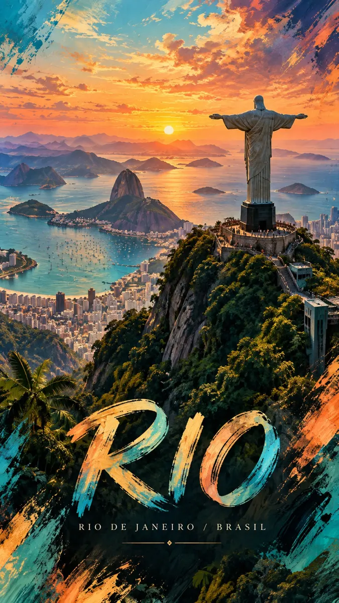 Rio de Janeiro'da bir dağ zirvesinde duran Kurtarıcı İsa heykeli ve okyanus üzerinde altın bir gün batımı.