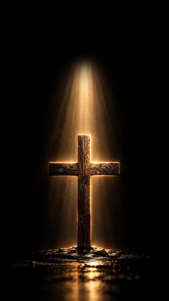 Una cruz de madera desgastada que brilla con una luz cálida desde arriba, sobre un fondo negro profundo con luz reflejada en el suelo.