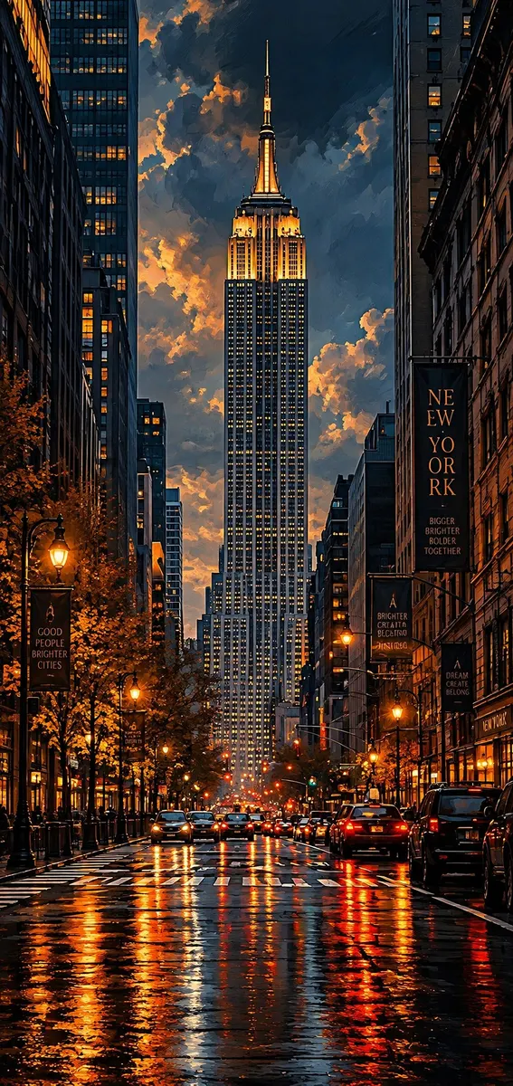Gün batımında aydınlatılmış Empire State Building, New York'ta ıslak bir caddeden, yerdeki araba ışıklarının yansımasıyla görülüyor.