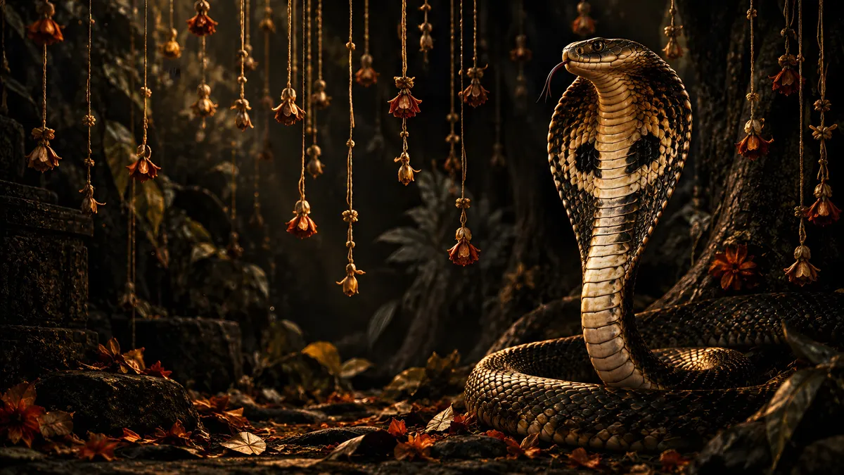 Una cobra grande con la capucha desplegada descansando en el suelo del bosque entre hojas caídas con flores colgantes arriba.