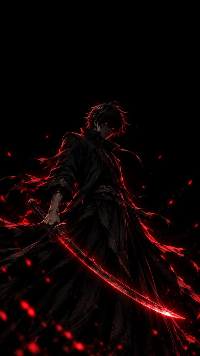 Espadachín anime con abrigo largo negro sosteniendo una katana roja brillante con brasas flotantes sobre un fondo oscuro