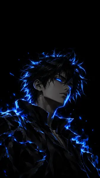 Chico anime con cabello negro puntiagudo y ojos azules brillantes rodeado por un aura de energía azul brillante en un entorno oscuro