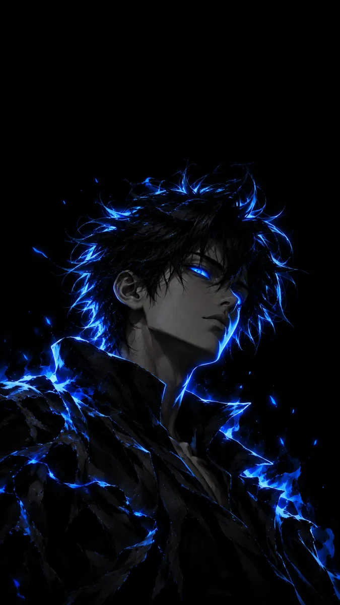 Anime-Junge mit stacheligen schwarzen Haaren und leuchtend blauen Augen, umgeben von einer hellblauen Energieaura in einer dunklen Umgebung