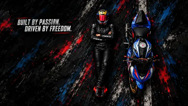 Um motociclista vestindo couro preto e capacete está ao lado de uma moto esportiva azul e branca em uma superfície de estrada escura e texturizada.