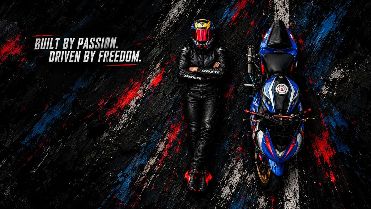 Um motociclista vestindo couro preto e capacete está ao lado de uma moto esportiva azul e branca em uma superfície de estrada escura e texturizada.